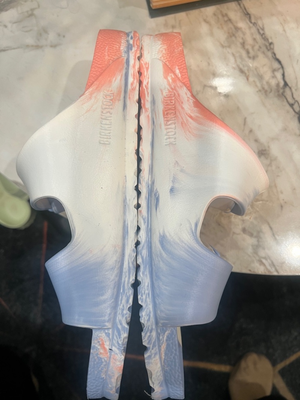 Birkenstock White, Coral & Light Blue Marbled EVA Slide Sandals